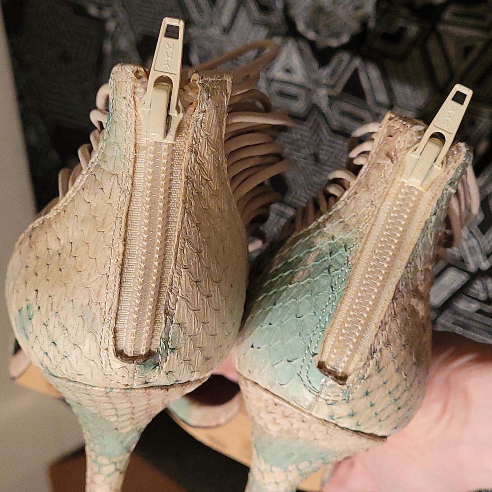 Vince Camuto Wesley Watercolor Swirls Strappy Snakeskin Embossed Heels - Picture 9 of 11